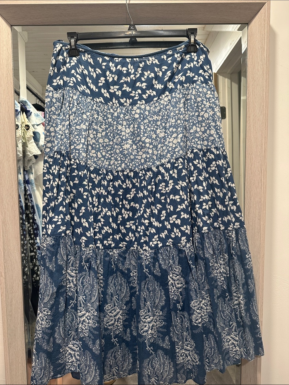 Ralph Lauren Blue and White Mixed-Print Tiered Maxi Skirt